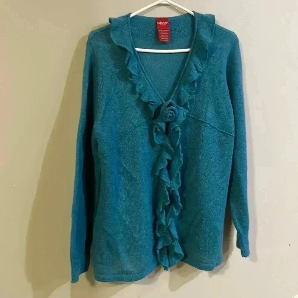 Olson  Europe Mohair Blend Teal hook closure V neck Cardigan sweater